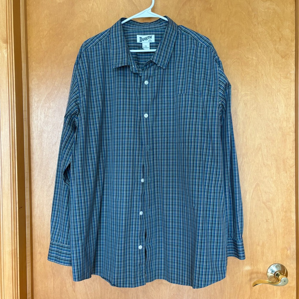 Duluth Button Down Shirt Men 2XL Blue Green Plaid Relaxed Fit Cotton Long Sleeve